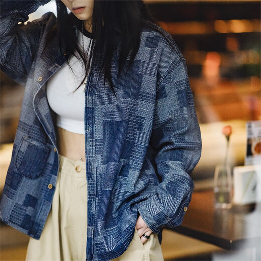 Madden Women's Clothing American Retro Boro Style Denim Shirt Spliced Layer Wear Loose Long Sleeve Shirt Inside Women's Autumn Denim Blue S