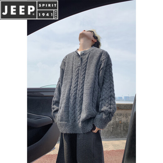 JEEP SPIRIT Henry collar sweater for men in autumn and winter fashion cable pattern blended pullover sweater for men simple warm woolen clothes off-white M