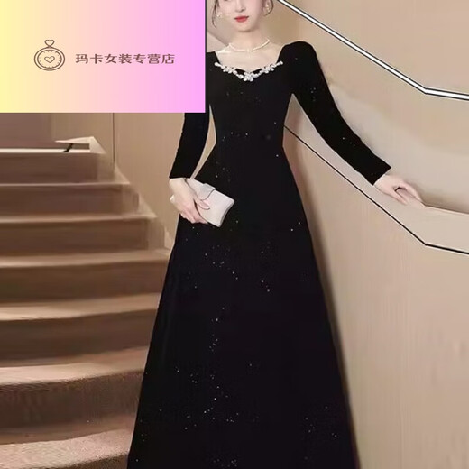 NJTD black evening dress high-end light luxury niche French Hepburn style host female banquet art test ceremony black long sleeves M