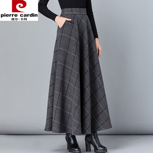 Pierre Cardin's new woolen plaid skirt women's mid-length autumn and winter slimming temperament high-waisted A-line skirt casual long skirt dark gray plaid 2XL
