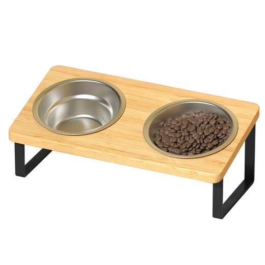 Cat bowl, cat food bowl, dog bowl, cervical vertebra protection, pet cat food bowl, cats are not easy to prevent from overturning, rice bowl and water all-in-one 304 double bowl (including solid wood bowl rack) white base 304 food grade-15 cervical vertebra protection - solid wood