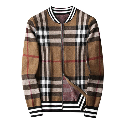 Mr. Guan Herbst und Winter High-End-Männer-Woll-Woll-Strickjacke Business Casual Classic Plaid gedruckter Reißverschluss Sweater 98126 Khaki 4xl