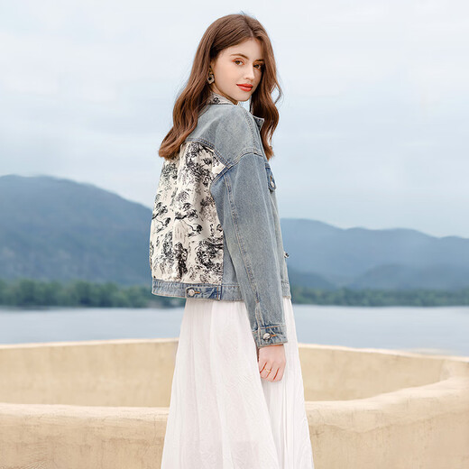 She Pool Denim Jacket 2025 Autumn New Women's Clothing Nuevo chino Estilo chino El lavado de hebilla de la solapa empalmada