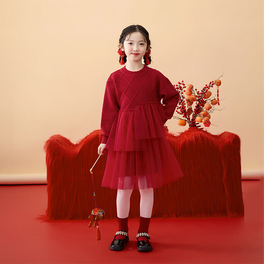INMAN anti-pilling girls New Year red sweater dress spring fashionable sweet mesh dress for middle and older children New Year red 130