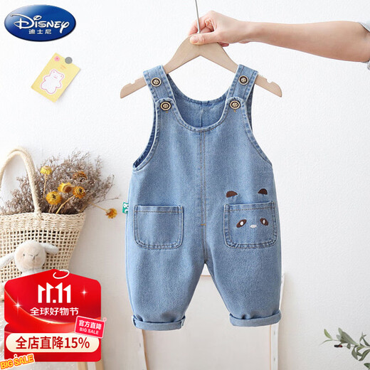 Disney (Disney) baby denim overalls, children's spring and autumn long pants for men, girls, and children's overalls, baby jumpsuits, cartoon available, blue 90 (can be opened)