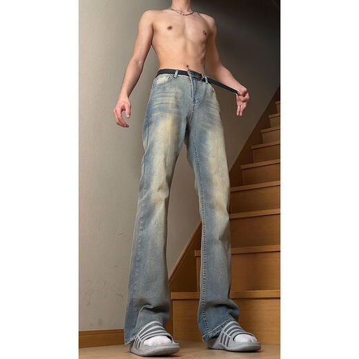 Mode Handu Jeans Herren Frühlings- und Herbst Sommergürtel Cleanfit American Hosen Herren -Vibe Style Light Loft Casual Hosen Zement grau G841 L