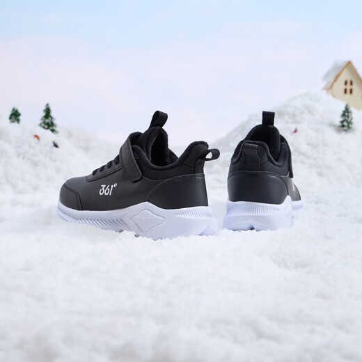 361°儿童运动鞋男童跑鞋秋冬密网轻便魔术贴女童皮革加绒保暖运动鞋 【皮革加绒】碳黑/361度白 33