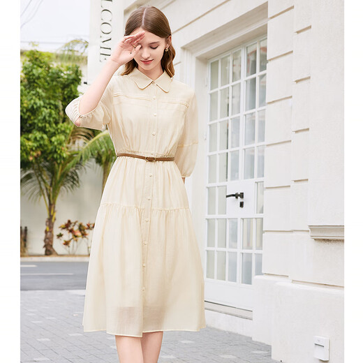 Betu women's spring new dress retro loose French waist slim dress 2402T84 apricot L