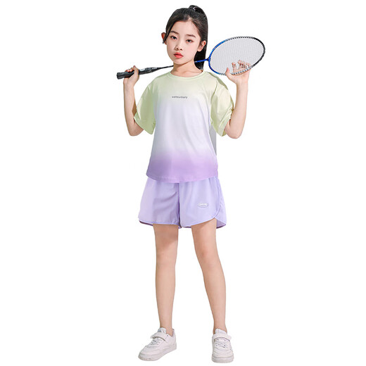 小猪彼特女童运动速干衣套装2025新款夏季跑步羽毛球训练服儿童休闲网球服 9922白色+18410紫色【套装】 130 cm