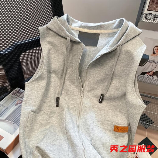Van Zheshas neue ärmelloses Weste Sweatshirt für den Frühling, Frauen mit Kapuze -Strickjacke für Frauen koreanische Style Reißverschluss Nische Top 841 Grau vertikaler Pferd Clip XL 175