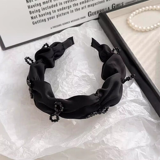 Jinhehe black high-end wide-brimmed pleated crystal hairband for women with high skull temperament niche crushed hairpin new hair accessories black satin rhinestone bow