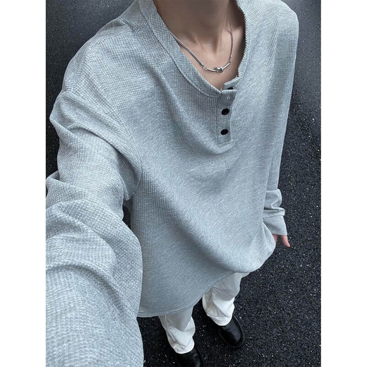Pupan long-sleeved T-shirt men's Henry collar bottoming shirt heavy-weight long-sleeved T-shirt men's spring and autumn American street fashion brand high-end loose gray 2XL 145-165Jin Jin equals 0.5 kg
