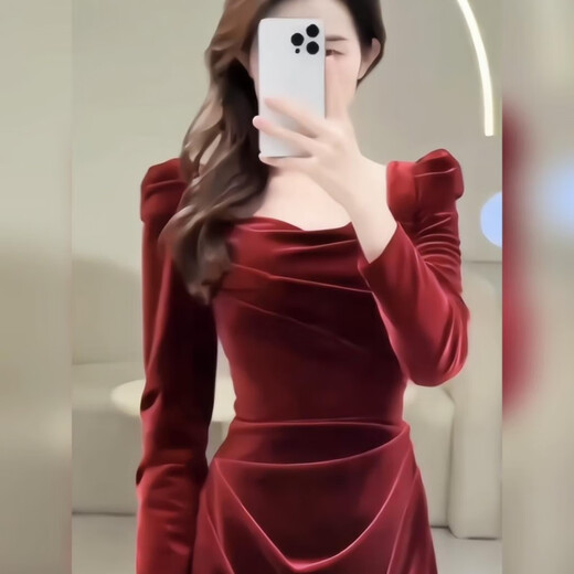 Long-sleeved square neck toast dress for brides new velvet fishtail dress spring engagement party dressing gown dress burgundy_length 140 cm L