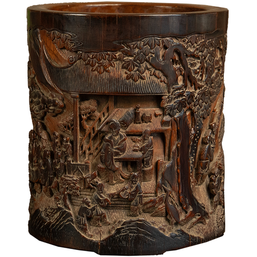 YARAN CULTURE清代竹雕文人雅集笔筒老物件古玩收藏真品竹制艺术品中式装饰摆件 14.3×14.7×16.6 1098-68