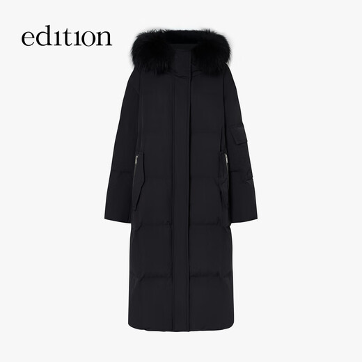 Edition down jacket women's raccoon fur collar hooded long windproof light warm goose down jacket black XS