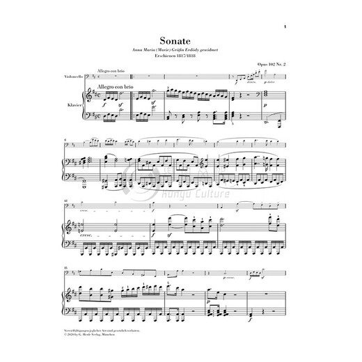 Beethoven Celo Sonata D Major OP102 NO2 con acompañamiento de piano Henry Libro de puntaje original Beethoven Sonata en D Major Cello Piano HN1475