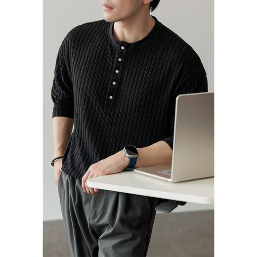 Handsome Henry Collar Bottoming Shirt Men's Top Old Money Style 2025 Early Autumn New Solid Color Textured Long Sleeve T-shirt Men 12 Black W56 M