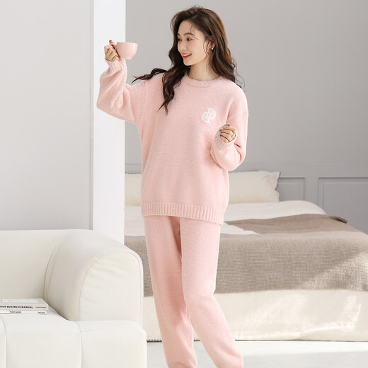 LangSha Couple Pajamas Women's Winter Half Velvet Warm Casual Non-shedding Can Be Weared Outside Men's Autumn and Winter Home Clothes Set 22066 Pink Female L