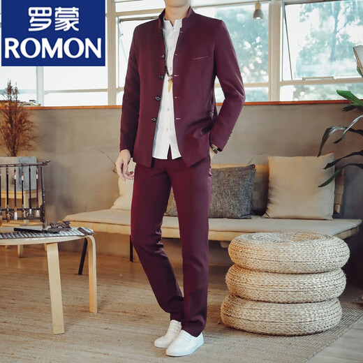 罗蒙（ROMON）中山装男青年中华立领西服套装男士唐装休闲外套男春秋季结婚礼服 107灰白色上衣+衬衫+裤子 XL