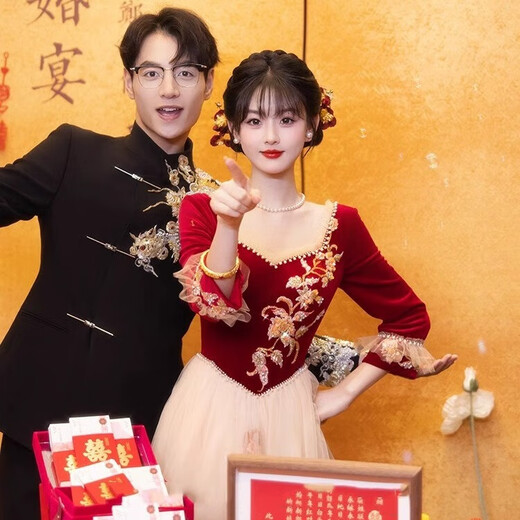 Li Baixin Toast Wear 2025 New Winter Long Sleeve Bridal Engagement Dress Burgundy Student Art Exam Fugitive Princess Dress Burgundy S