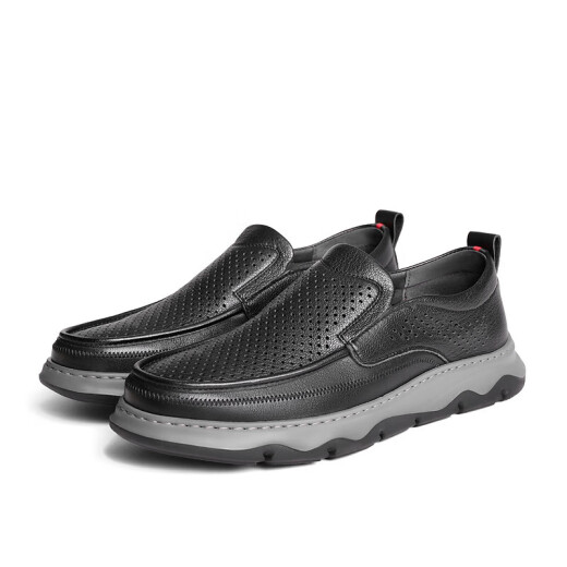 Belle casual shoes men's summer cowhide leather punched breathable business casual shoes A1509BM3 black 39