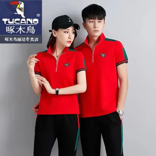 啄木鸟（TUCANO）高品质夏季立领情侣款运动服套装男女大码休闲薄款短袖T恤两件套 7036 红色 男版 4XL 建议 154-167斤