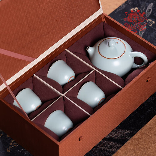 Longquan Celadon Ru Kiln Kung Fu Tea Set Household Chinese Teapot and Cup Simple One Pot Four Cups for Drinking Tea and Making Tea Cups for Gifts Ru Porcelain Tea Set Gift Box