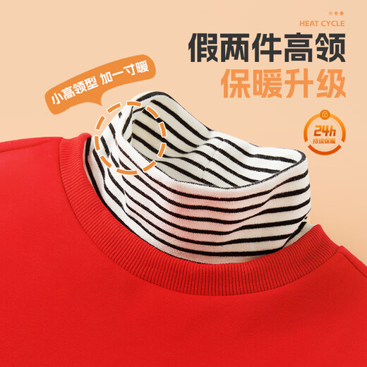 TonLion children's velvet sweatshirt fake turtleneck Year of the Horse festive national style top for boys and girls New Year's greetings red 130