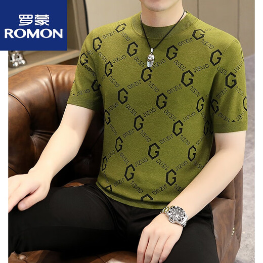 ROMON knitted short-sleeved T-shirt men's printed trendy half-sleeved sweater winter men's sweater slim bottoming shirt personality 1116 gray green L recommended 105-120Jin Jin equals 0.5 kg