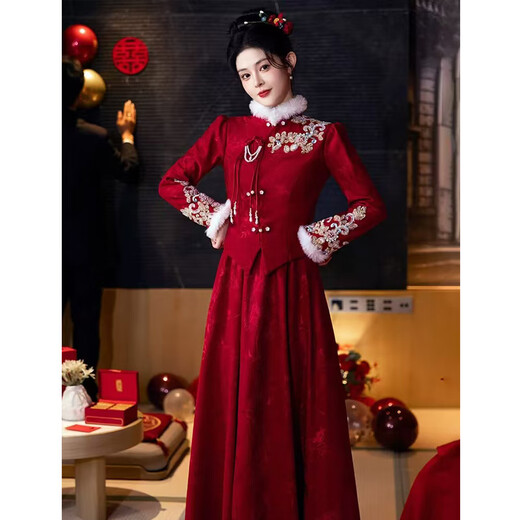Seidler New Chinese Toast Wear Bride 2025 New Engagement Back Door Dress Long Sleeve Women Wedding Winter Thickened Velvet Burgundy M (Recommended 96-105 Jin Jin equals 0.5 kg)
