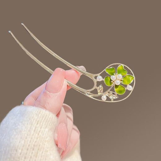 Qianla simple small fresh flower hairpin for women spring and summer new style hairpin double-insert hairpin U-shaped hairpin niche headwear green flower-U-shaped hairpin