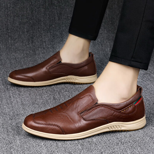 Diluochi spring and summer new genuine leather casual leather shoes men's beanie shoes British men's head layer cowhide fashionable driving shoes brown foot cover 9711 38 leather shoe size