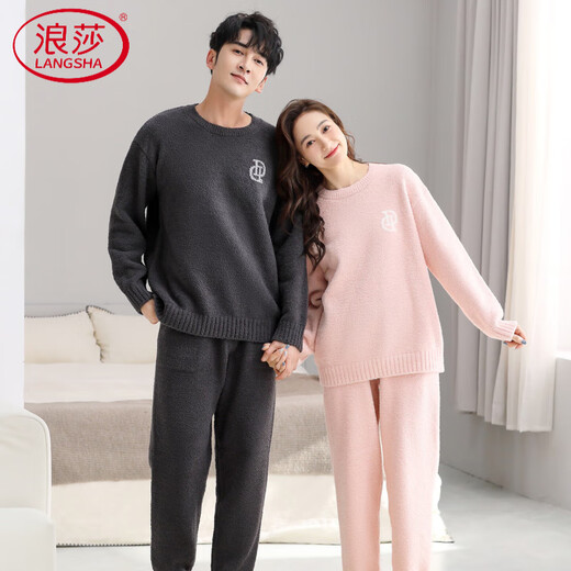 LangSha Couple Pajamas Women's Winter Half Velvet Warm Casual Non-shedding Can Be Weared Outside Men's Autumn and Winter Home Clothes Set 22066 Pink Female L