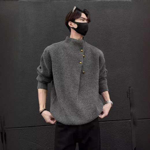 Yiran presents irregular button design turtleneck sweater for men, Korean trendy brand, handsome and lazy oversize sweater top, gray XL, recommended 140-160Jin Jin is equal to 0.5 kg