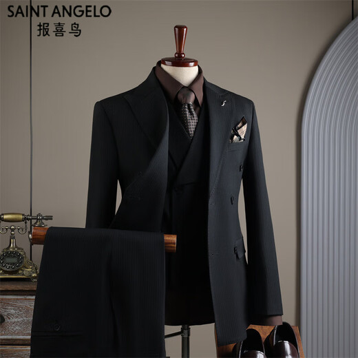 SAINT ANGELO Men's Suit, Professional Formal Fit, Groom's High-end Business Gentleman Striped Casual Suit Two-piece Black Double Button (Suit + Vest + Pants) M 48 Recommended 100-112 Jin Jin is equal to 0.5 kg