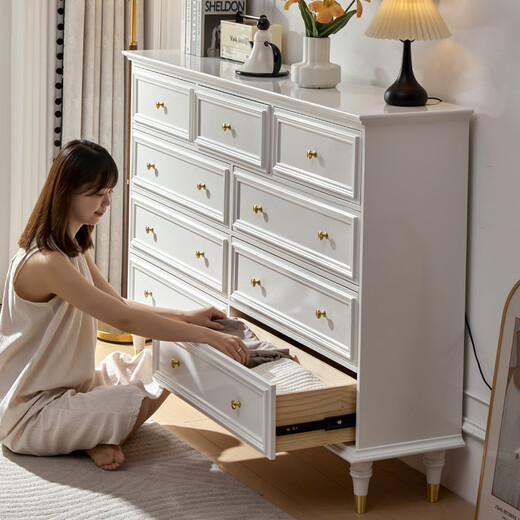 MIKEMIJIA Five Drawers and Seven Drawers Cabinet Bedroom Wall Drawer Cabinet Bedside Storage Cabinet Living Room Retro Warm White Solid Wood Dressing Table + Stool (Mirror Not Included) Completely Delivered to Your Home Completely Equipped (Table legs need to be assembled manually)