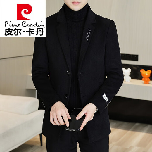 Pierre Cardin spring and autumn woolen coat men's slim woolen coat short Korean style youth windbreaker men's woolen suit men MND917 short black (suit collar regular L (110-125Jin Jin equals 0.5kg)