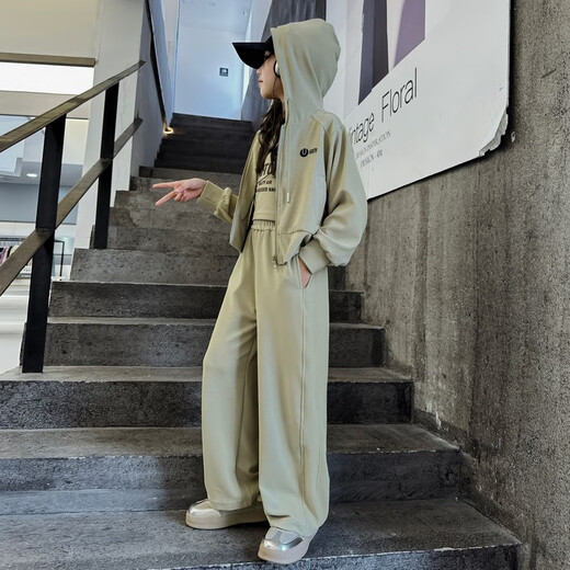 Baleinna Korean Girl Sweatshirt Set Spring and Autumn 2025 New Fashionable Children's Sports Leisure Pants Street Big Children's Three-Piece Set Green (Vest + Jacket + Pants) 160cm