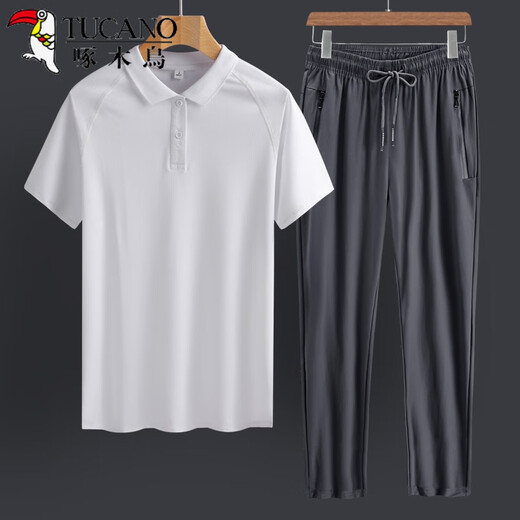 Padre de carpintero de mediana edad Papá de mediana edad seda de seda informal deportes casuales de verano para hombres camiseta de manga corta de la camiseta de mediana edad del juego de dos piezas 8790 ropa gris oscuro + 9922 pantalones grises m