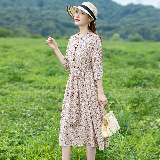 Jymmu Guangzhou Dreizehn lange Frauenkleid High-End-Sommer-Baumwolle und Linien Neue Stiltemperatur siebenmini-Sleeve Blumenrock für Frauen Big Beige L 115-125jin [Jin entspricht 0,5 kg]