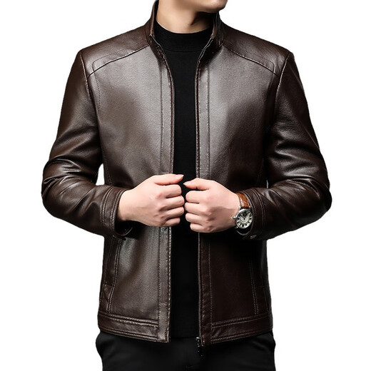 Lilang leather jacket men's autumn and winter new men's stand-up collar soft leather jacket middle-aged men's loose casual leather jacket brown cotton thickened L 175 (recommended weight 115-130)