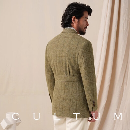 CULTUM1930s复古秋冬加厚纯羊毛粗纺毛呢双排戗驳领西服男西装外套 芥绿窗格 3XL (54B)