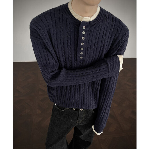 Unicorn cool American Henry collar sweater men's autumn and winter trendy brand old money style men's top with fake two-piece knitted sweater for men Gray M