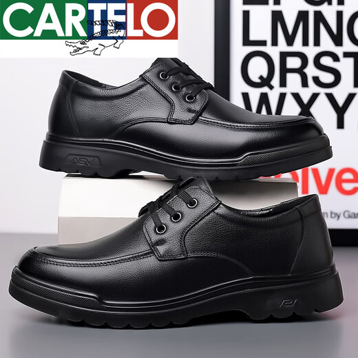 Cartelo High-End-Männerschuhe echte Leder-Leder-Lederschuhe Herren und Samt Baumwollschuhe Herrenboden Weiche Bodschicht Cowhide mittlere und ältere Vaters Schuhe Schwarz Viersaison 6627 38