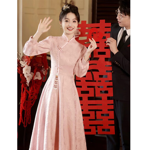 Seidler pink cheongsam toast dress bride engagement dress new Chinese banquet wedding evening dress autumn and winter long-sleeved dress pink XL (recommended 116-125 Jin Jin equals 0.5 kg)