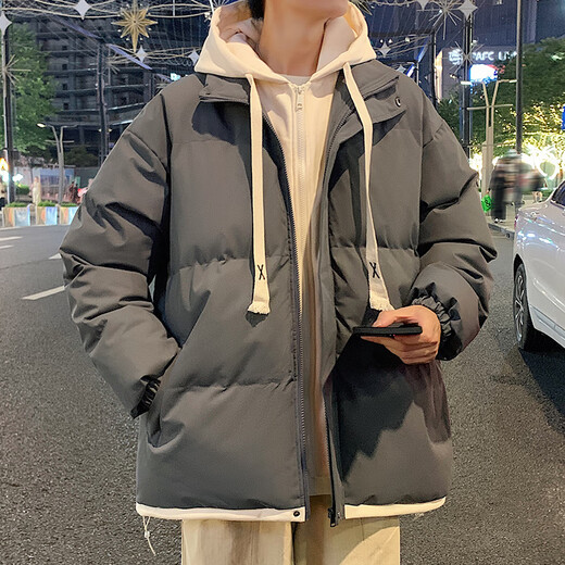 Playboy (PLAYBOY) fake two-piece hooded thickened cotton coat for men autumn and winter 2026 new cotton coat jacket for men loose warm bread coat 636# dark gray XL recommended 140~160Jin Jin equals 0.5 kg to wear