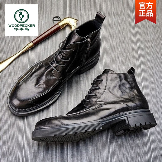Woodpecker men's leather boots 2024 spring and autumn genuine leather high-top zippered Martin boots thick sole round toe business work boots men's boots black 41
