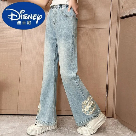 
Disney girls autumn pants new style fashionable Chinese style 2024 embroidered jeans medium-large children new Chinese style girl bell-bottom pants light blue [679 Chinese style embroidered bell-bottom pants] 160cm
