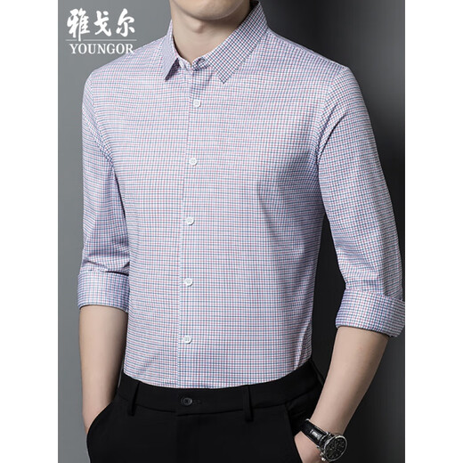 CEO Yageol Mulberry Silk Long Sleeve Shirt Herren Frühlings- und Herbst-Business Casual Top Middle Age's Plaid No-Eisen-Hemd rotes Plaid By901 Plaid Shirt 165/84a