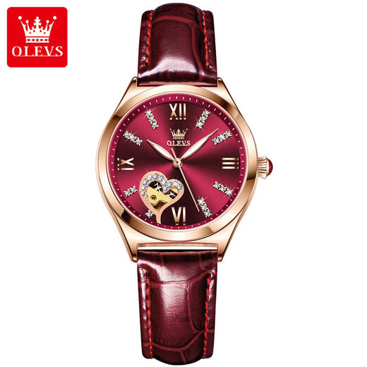 Olevs (OLEVS) Suisse certifiée Top Ten Watches for Women's Mechanical Watchs Full Automatic Imageproofing and Luminal Creux Trendy Diamond-Set Woar's Watch Olevs-6636 Wine Red Leather Rose Red Graving Free Graving